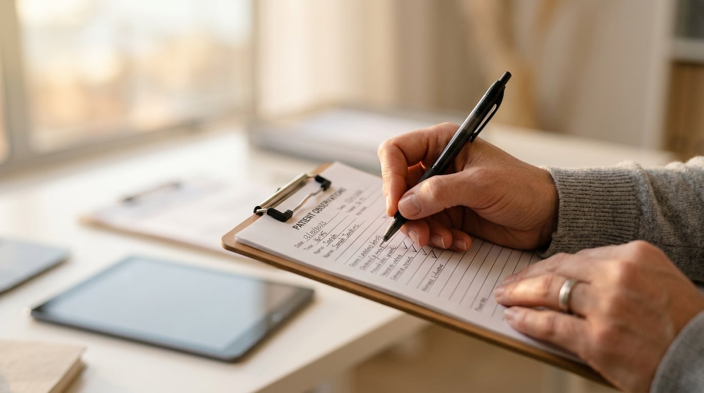Clinician documenting session notes at a clean desk