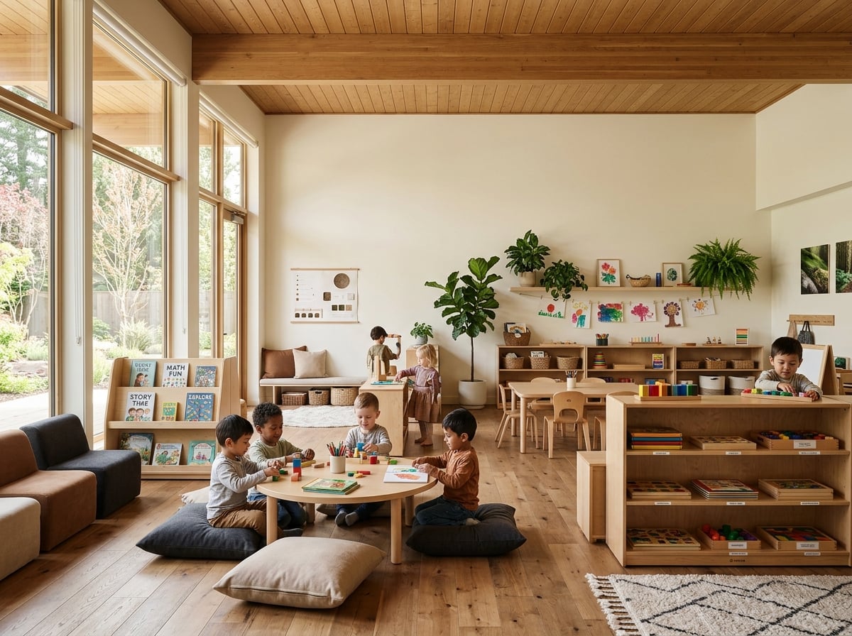 Modern elementary classroom with warm natural lighting and organized learning stations