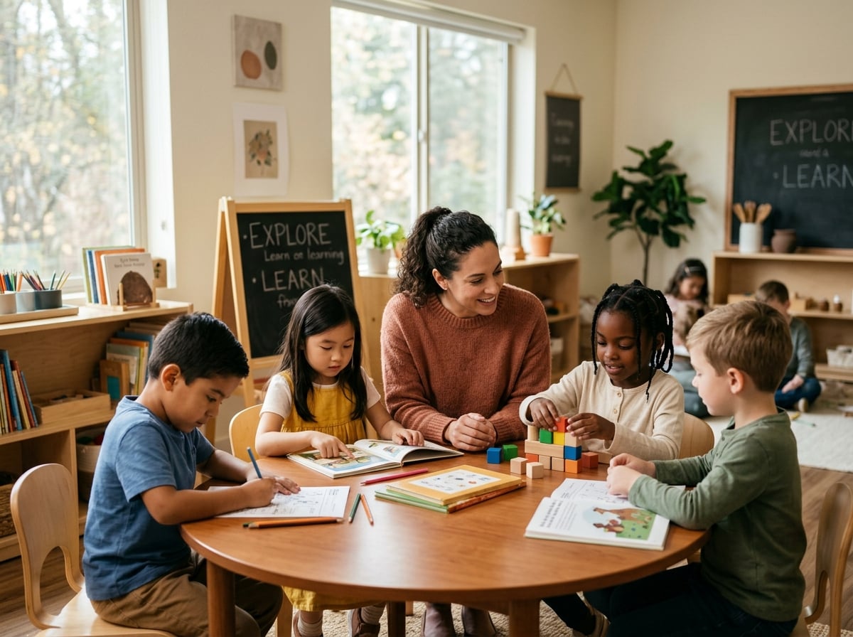 Teacher working with small group of children in a warm modern classroom setting
