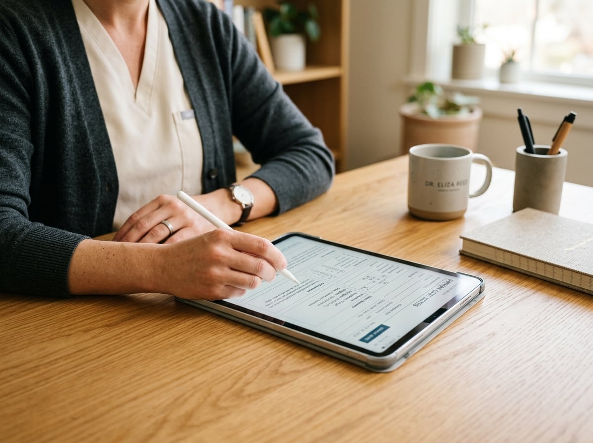 Professional reviewing clinical documentation on tablet in clean workspace