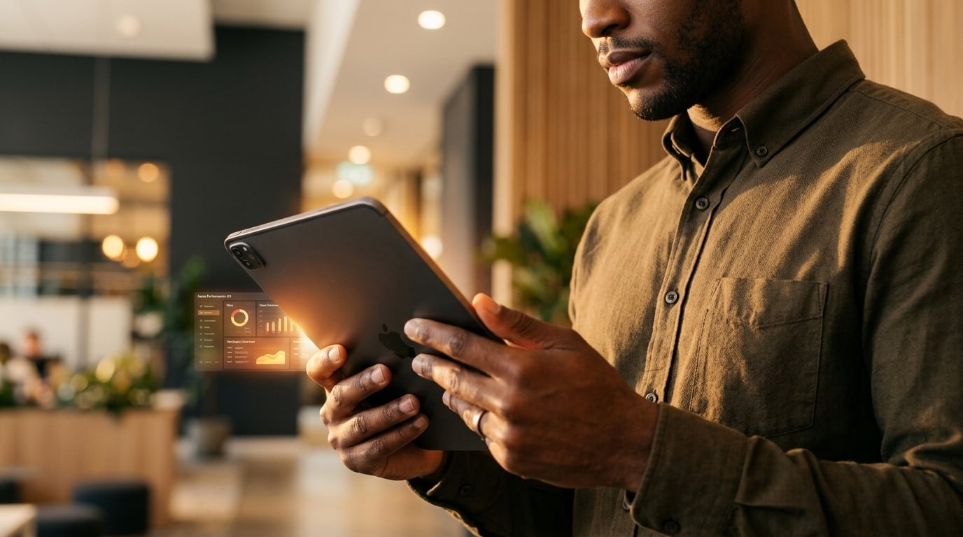 Close-up of professional hands interacting with AxiomScribe compliance platform on tablet