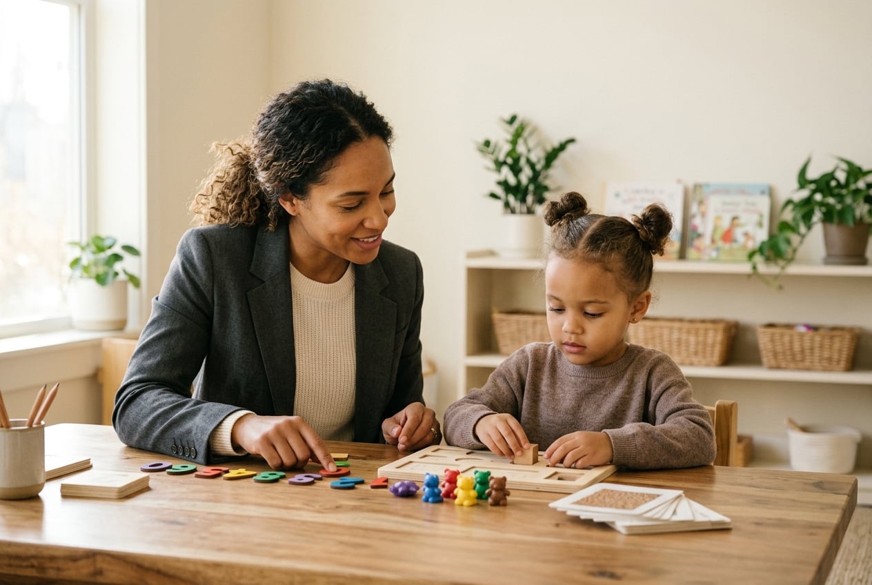 Behavioral healthcare provider working one-on-one with a child using educational materials