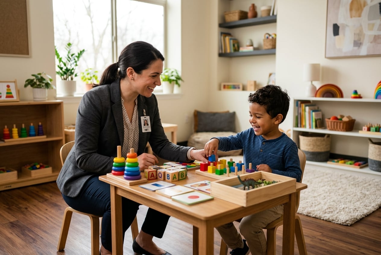 RBT working with child showing positive engagement in therapy setting