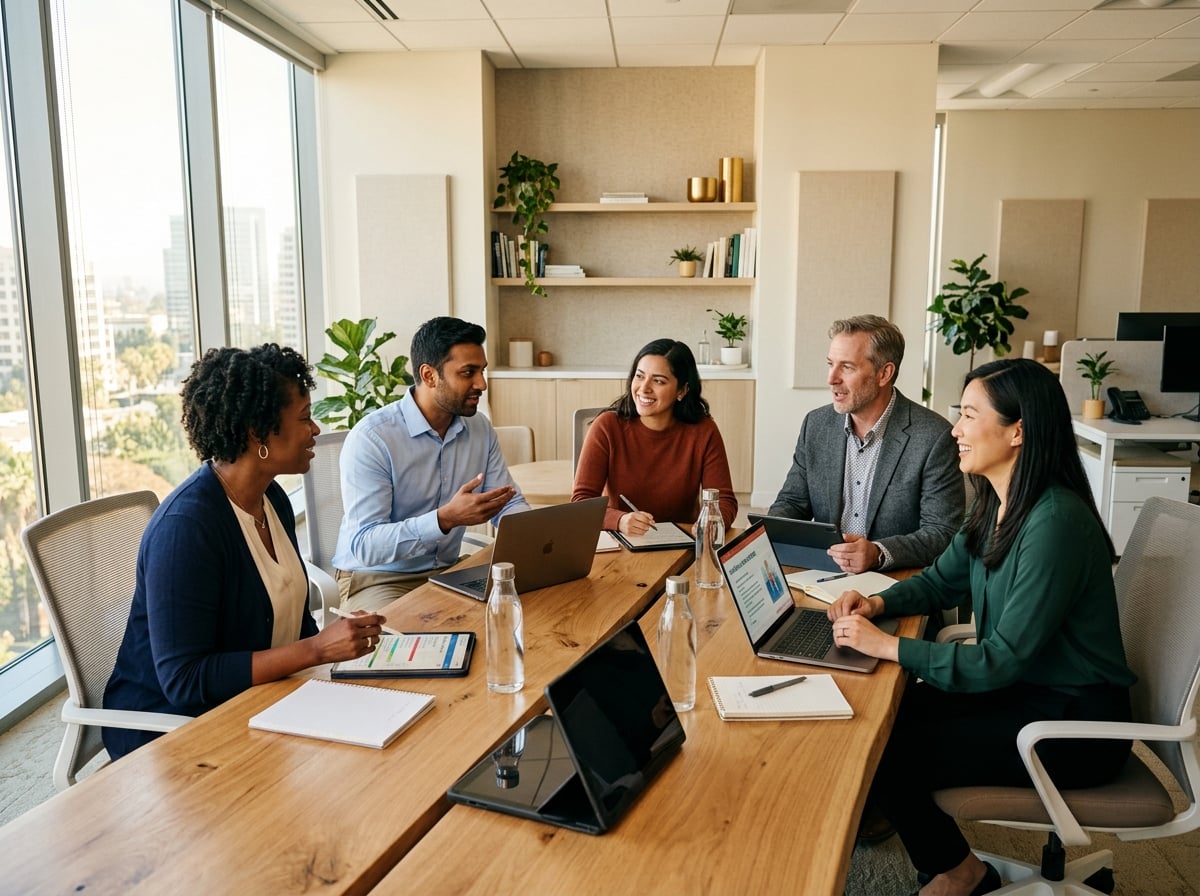 Diverse team of healthcare professionals collaborating in modern office